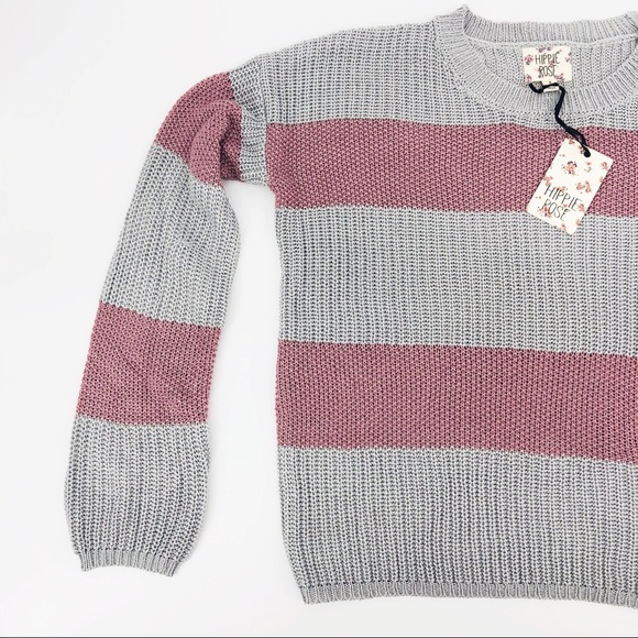 NWT Striped Gray Mauve Knit Cropped Sweater Small - Picture 3 of 7